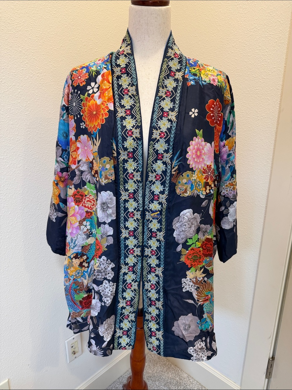 Johnny Was Reversible Silk Floral Embroidered Blue Kimono Cardigan